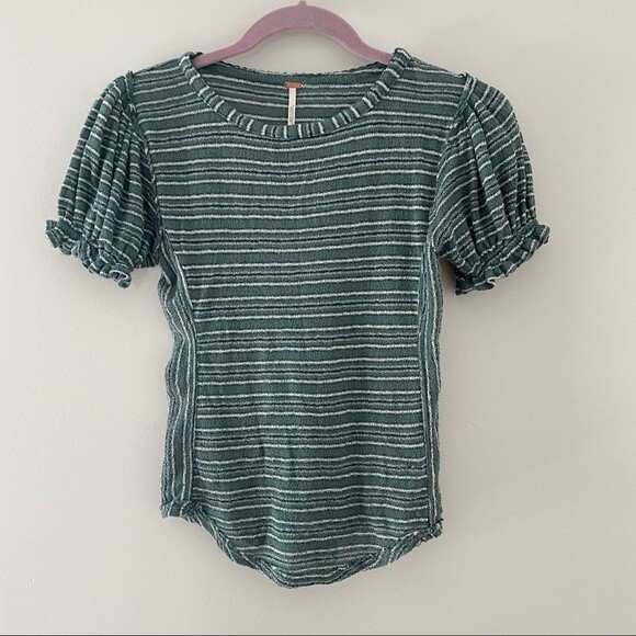 Free People Teal and White Striped Top Blouse with Ruffle Sleeves Size Small - Picture 1 of 5